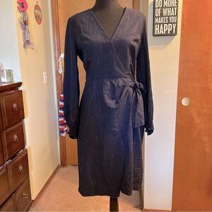 Rebecca Taylor Tailored navy blue long sleeve wool and silk dress wrap around 8